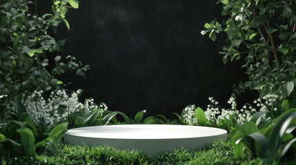 White, round podium with a green background and white flowers.