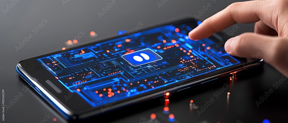 Poster close-up of a finger touching a smartphone screen with a digital interface.