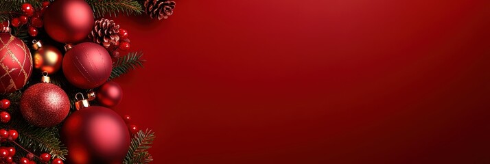 Elegant Christmas Ornaments and Pine Cones on Red Background