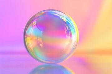 Glass sphere reflecting colorful light on iridescent gradient background for wallpaper and backdrop design