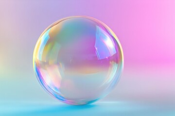 Transparent pastel iridescent soap bubble on gradient background with empty space for design and decoration