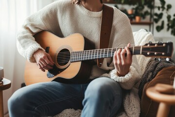 Person playing acoustic guitar in cozy home setting