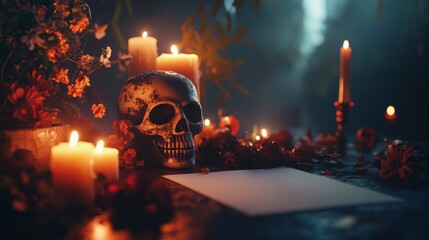 An empty scene featuring a blank mockup template draped across a Day of the Dead altar framed by flickering candles, creating an ideal