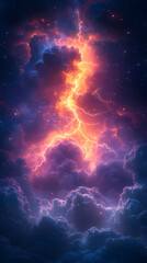 Clouds with colorful lightning in a stormy landscape. A storm is raging in the skies, illuminating masses of thunderclouds with flashes.