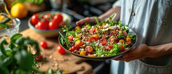Person holding a plate of fresh salad with tomatoes.
