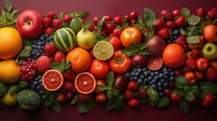 Assorted Fresh Fruits and Berries with Vibrant Citrus, Apples, Greens for a Balanced Diet