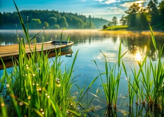 Dewy Grass Stalks by a Serene Lake with Boat and Pier - Nature's Tranquility in HDR