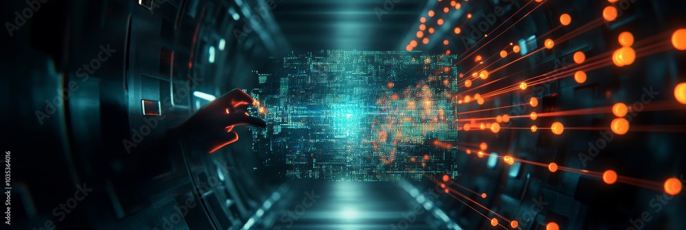 Aufkleber hand interacting with futuristic data stream, big data analysis and digital transformation concept