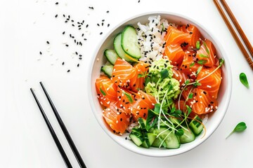 Salmon poke bowl with rice, cucumber, and sesame seeds