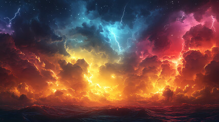 Clouds with colorful lightning in a stormy landscape. A storm is raging in the skies, illuminating masses of thunderclouds with flashes.