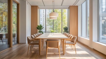 Fototapeta premium Modern Conference Room with Wooden Table and Chairs