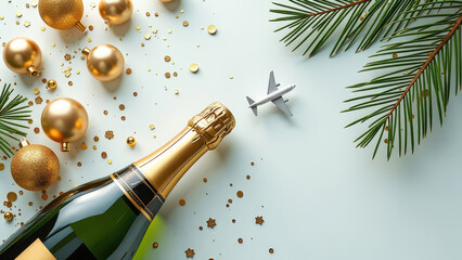A bottle of champagne lies on a light green background surrounded by golden balloons, confetti and fir branches. A model airplane nearby symbolizes festive travel during Christmas and New Year.