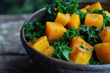 Roasted butternut squash salad with kale, seasoned with pepper.