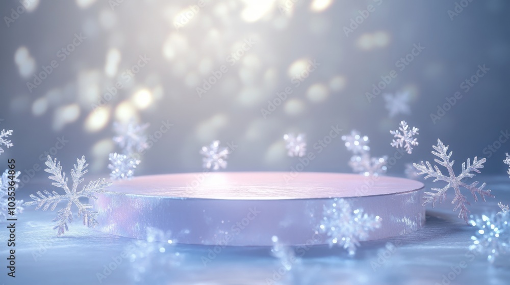Aufkleber a white platform with a subtle pink hue sits in a winter-themed scene with numerous white snowflakes