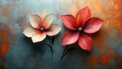 Contrasting Red and White Flowers on a Textured Teal and Orange Canvas – A Modern Floral Art Composition for Minimalist Decor