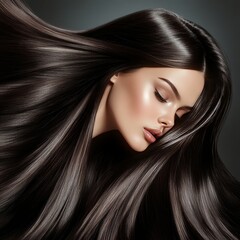Fototapeta premium Beautiful Brunette. Healthy Long Hair. Girl with Black Hair on Dark Background, Closeup Portrait.