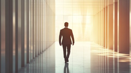 Fototapeta premium Businessman Walking Through a Sunlit Office Corridor