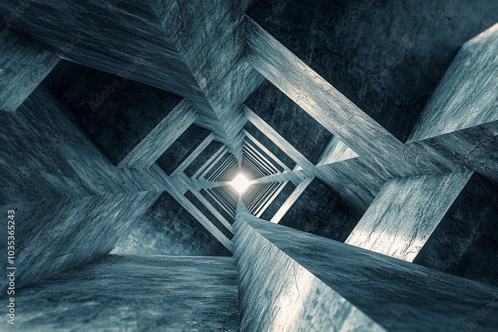 Aufkleber looking up through an abstract geometric structure with light above