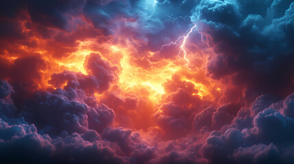 Clouds with colorful lightning in a stormy landscape. A storm is raging in the skies, illuminating masses of thunderclouds with flashes.