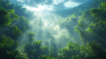 Fototapeta premium Sunlight beams through a lush green forest canopy, creating a magical and atmospheric scene.