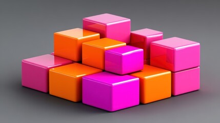 Obraz premium Stack of Shiny Orange and Pink Cubes on a Grey Background