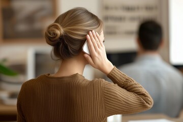 Fototapeta premium Female professional talking on the phone in a cozy office setting.