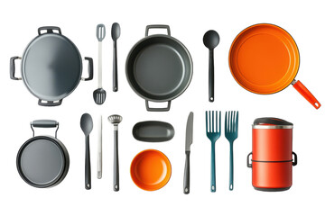 Complete Camping Cookware Set with Pots, Pans, and Utensils for Outdoor Cooking Isolated on Transparent Background