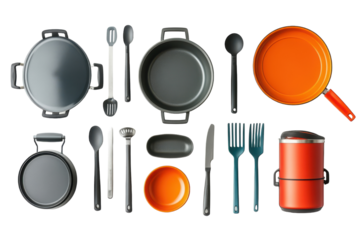 Complete Camping Cookware Set with Pots, Pans, and Utensils for Outdoor Cooking Isolated on Transparent Background