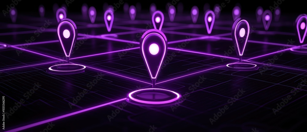 Poster Digital map with purple location markers connected in a grid pattern, symbolizing navigation and modern connectivity.