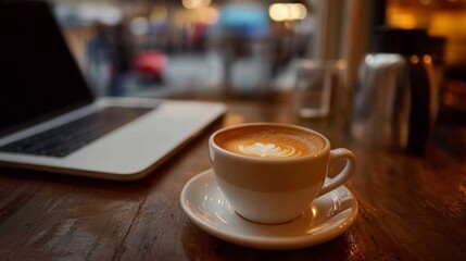 A Cup of Latte with a Heart Design on the Foam, Sitting on a Wooden Table with a Laptop in the Background