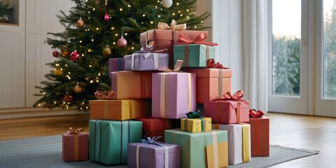A stack of colorfully wrapped holiday gifts, each box tied with different ribbons and bows, ready to be placed under the Christmas tree.
