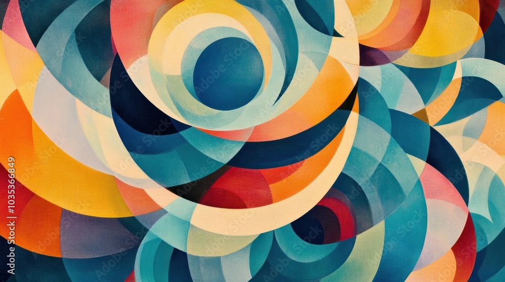 Poster complex patterns of overlapping circles, forming a rhythmic and dynamic abstract design