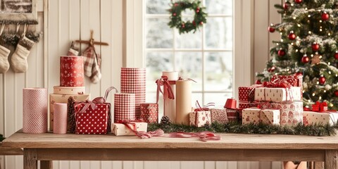 A gift-wrapping station with rolls of wrapping paper, ribbon spools, and festive gift tags, creating a perfect holiday preparation scene.