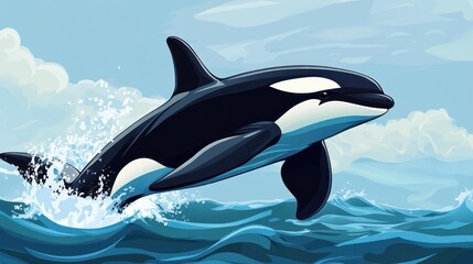Fototapeta premium A stylized orca breaching the ocean surface, showcasing its sleek form and dynamic movement.