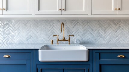 Blue Cabinets. Luxury Kitchen Sink Detail with Marble Countertops and Herringbone Tile Backsplash