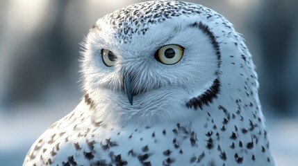 Obraz premium A white owl with yellow eyes stares at the camera
