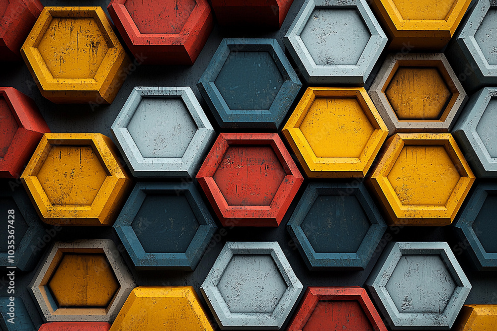 Poster colorful hexagonal patterns create a vibrant wall design in daylight
