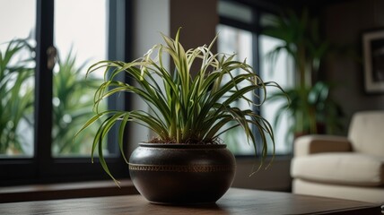 A potted plant with long, green leaves sits on a wooden table in front of a window with a blurred background.