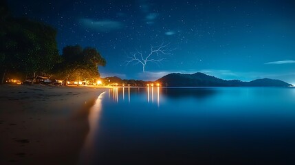 A tranquil beach scene captures the calm waters reflecting a starry sky. Gentle lights from nearby cottages create a serene atmosphere perfect for relaxation.