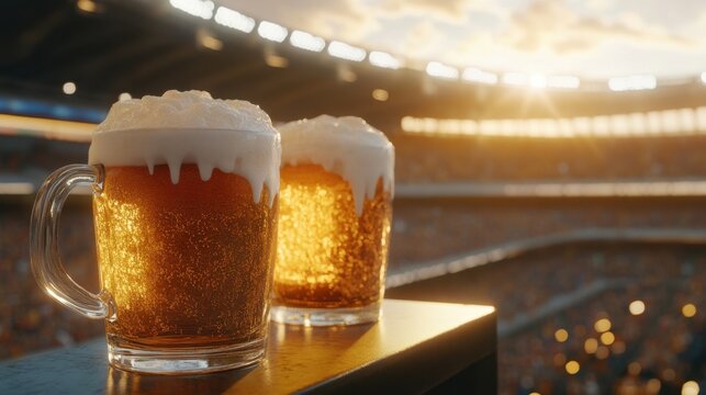 Beer mugs with frothy tops, sun-drenched stadium seats in the background, whimsical and dynamic focus on game day atmosphere
