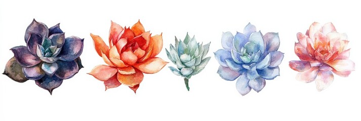 Watercolor Succulent Set. Blooming Botanical Cactus and Floral Illustrations