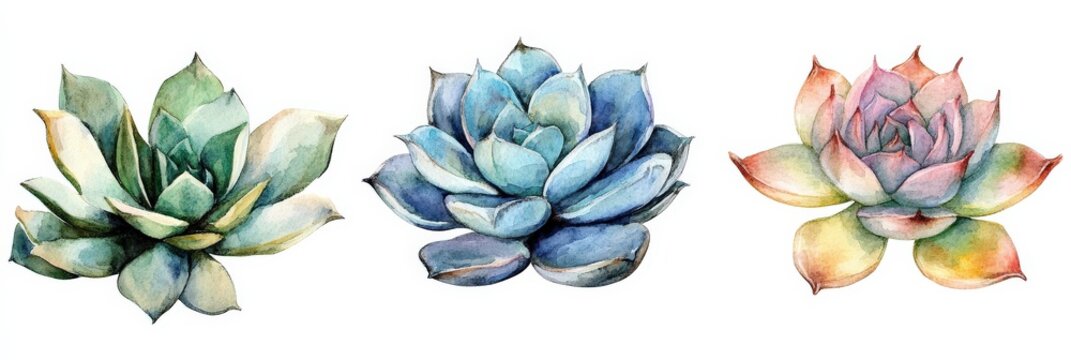 Watercolor Succulent Set. Botanical Illustration of Cactus Blossoms and Floral Garden Plants