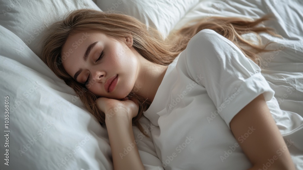 Wall mural cute young woman sleeping on bed