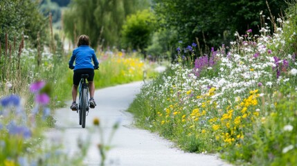 Obraz premium A young person biking along a scenic path lined with wildflowers, symbolizing sustainable transportation and a commitment to reducing their carbon footprint; the scene is peaceful and inspiring