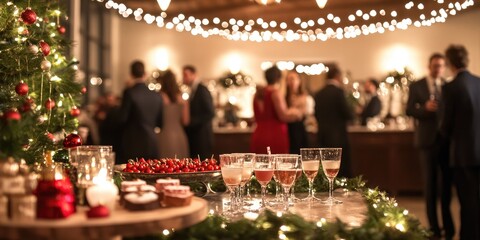 A chic holiday party with guests dressed in elegant attire, a beautifully decorated room with string lights and holiday garlands, and a festive table set with cocktails a