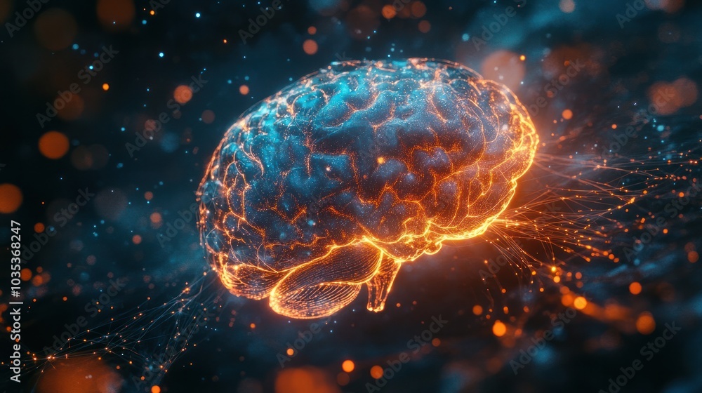 Poster digital representation of a brain composed of intricate blue neural connection