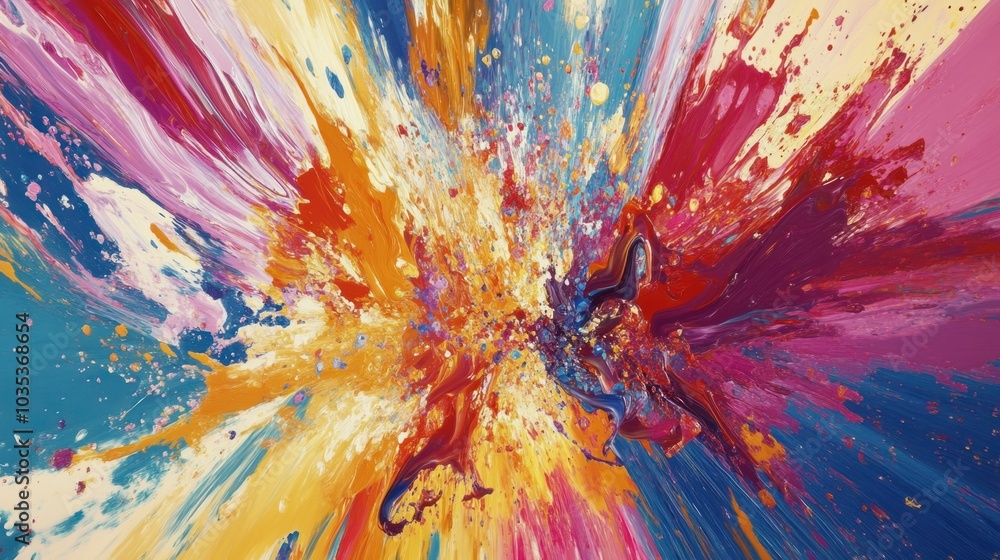 Aufkleber exploding colors in splatter patterns, forming a chaotic yet artistic abstract background