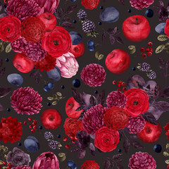 Seamless pattern with watercolor hand draw twilight flowers, eaves and fruits, scarlet red, marsala, burgundy floral, pomegranate, plum, apple and grape. Autumn composition. On colored background