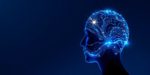 Fototapeta premium Human Head Profile Glow Lines Dots Neural Network On Dark Blue Background