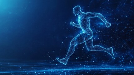 Running man made of polygonal wireframe on dark blue background. Copy space.